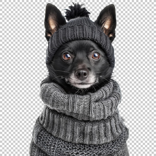 Adorable dog with a knit hat and sweater isolated on transparent background