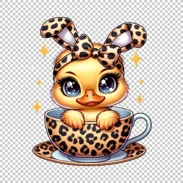 Adorable duckling in teacup with leopard print isolated on transparent background