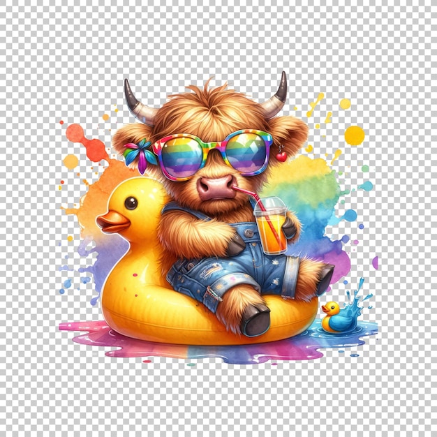 PSD adorable highland cow with drink on float isolated on transparent background