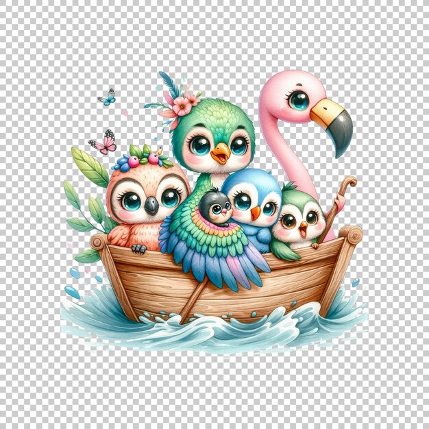 PSD adorable kawaii birds in a boat sticker isolated on transparent background