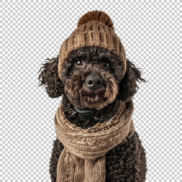 Adorable poodle with a knit hat and scarf isolated on transparent background