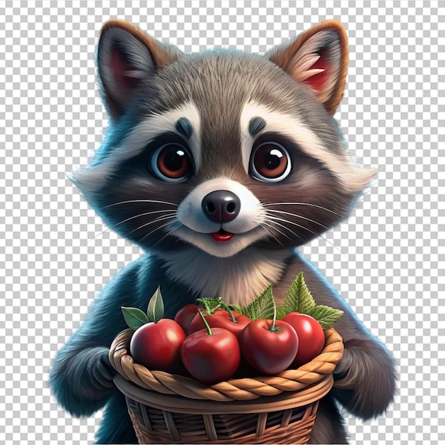 Adorable racoon with a curious expression and a basket of cheery