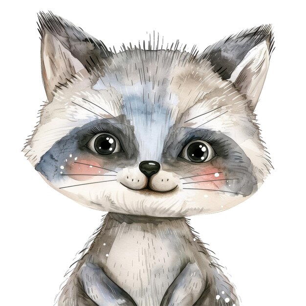 PSD adorable watercolor baby raccoon illustration with big eyes and pink cheeks