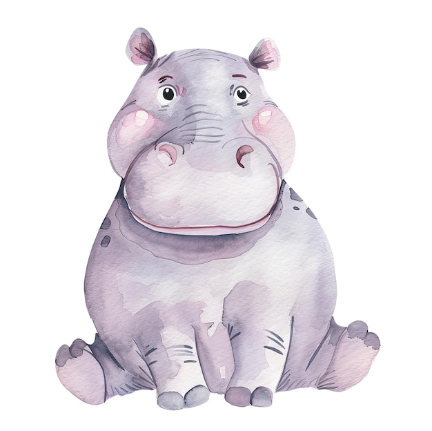 PSD adorable watercolor hippo illustration with cute expression and pastel tones