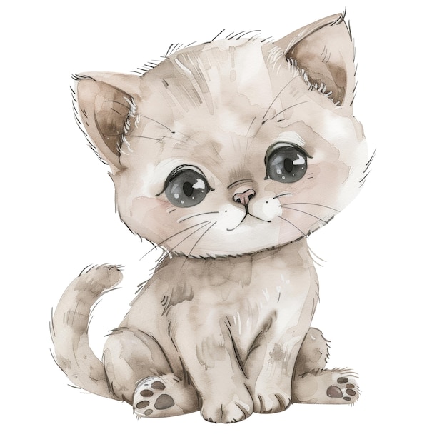 Adorable Watercolor Kitten with Big Eyes and Fluffy Fur in Cute Sitting Pose