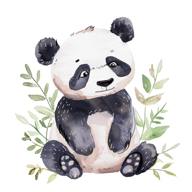 Adorable Watercolor Panda Illustration with Green Foliage Cute Animal Art for Children39s Decor