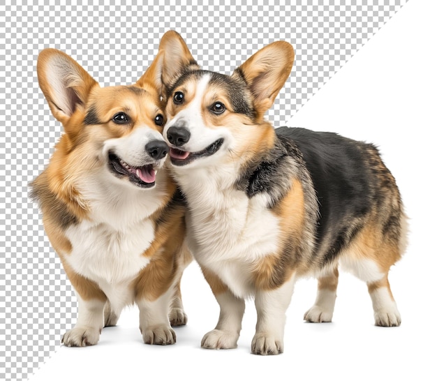 Adorable welsh corgi couple in love side by side on isolated background