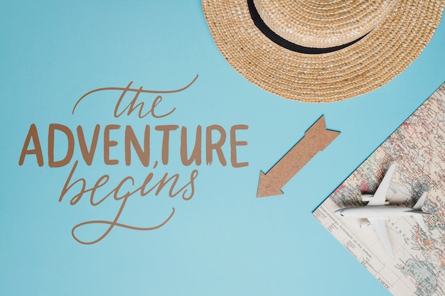 PSD the adventure begins, motivational lettering quote for holidays traveling concept