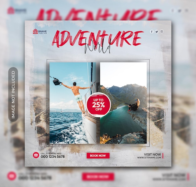 Adventure world travel square flyer or Instagram social media post web banner