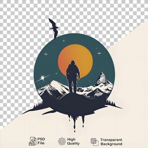 PSD adventurer with backpack and mountains isolated on transparent background