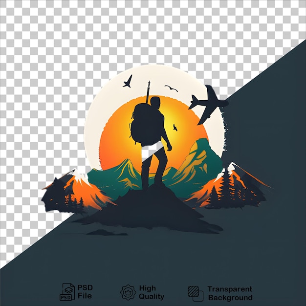 PSD adventurer with backpack and mountains isolated on transparent background