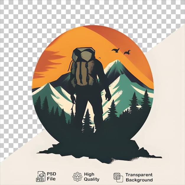 PSD adventurer with backpack and mountains isolated on transparent background