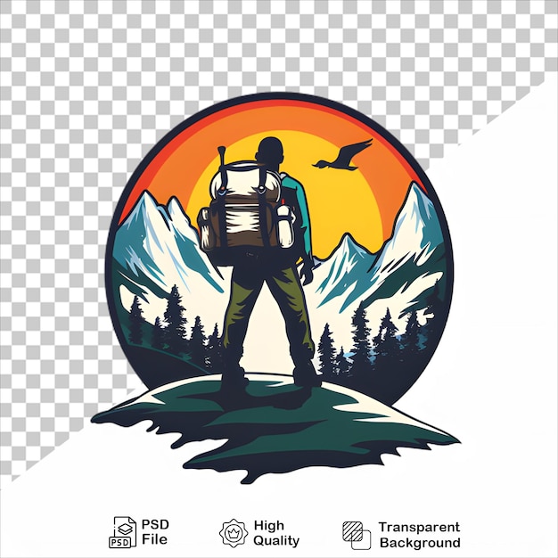 PSD adventurer with backpack and mountains isolated on transparent background