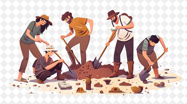 PSD adventurous archaeologist with characters excavating and stu png people in daily work illustration