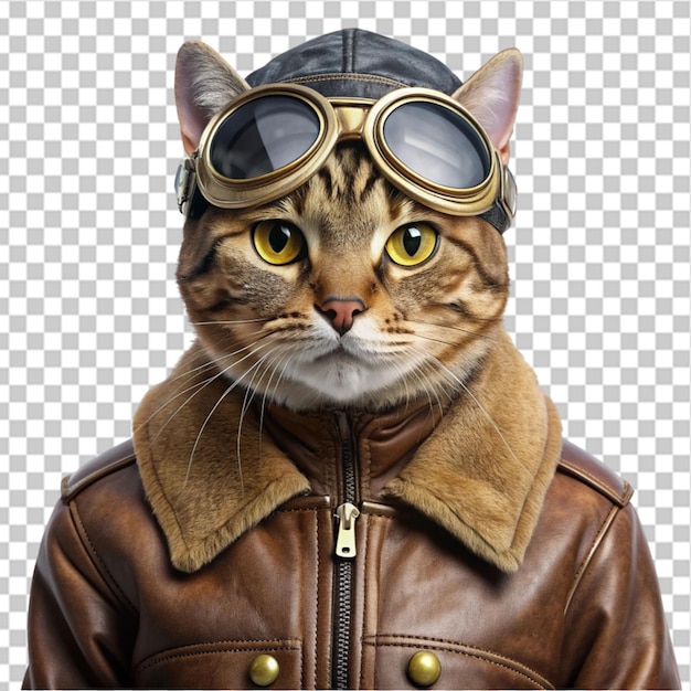 PSD adventurous cat dressed as vintage pilot with gogg on transparent background