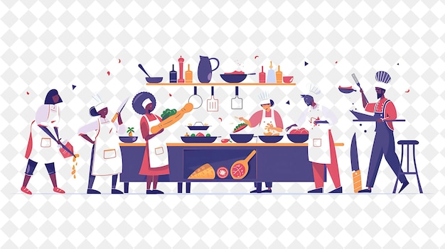 PSD adventurous chef with characters chopping vegetables and gri png people in daily work illustration