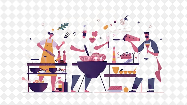 PSD adventurous chef with characters chopping vegetables and gri png people in daily work illustration