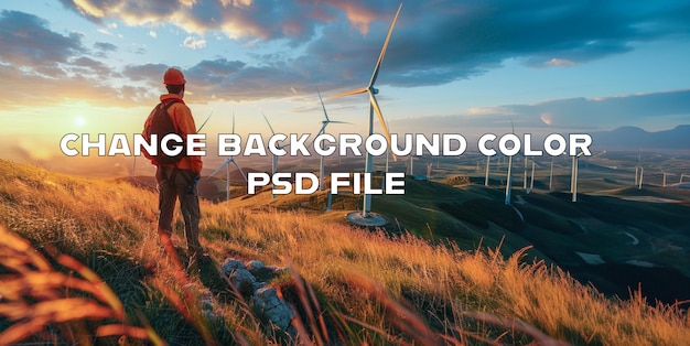 Adventurous hiker overlooking wind turbines at sunset