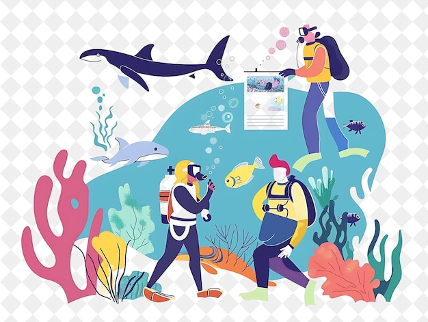 PSD adventurous marine biologist with characters studying and ob png people in daily work illustration