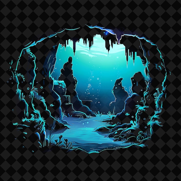 PSD adventurous neon underwater caves with a silhouette of an un png y2k ocean of light collections