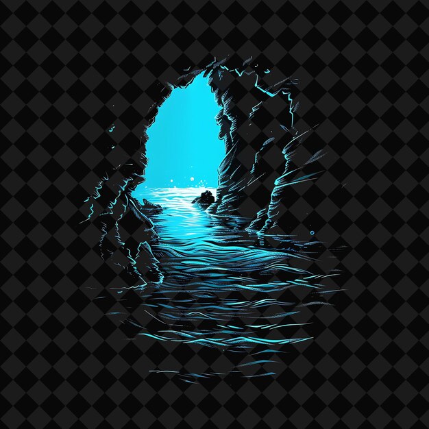 PSD adventurous neon underwater caves with a silhouette of an un png y2k ocean of light collections