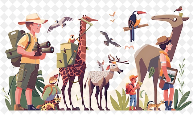 Adventurous Zoologist With Characters Studying and Observing PNG People in Daily Work Illustration