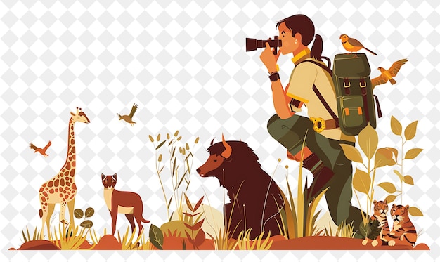 PSD adventurous zoologist with characters studying and observing png people in daily work illustration