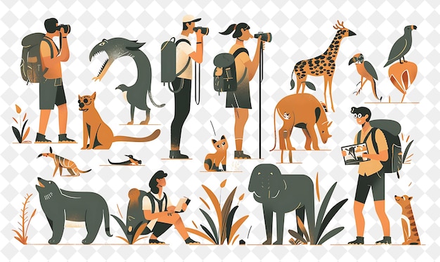 Adventurous Zoologist With Characters Studying and Observing PNG People in Daily Work Illustration