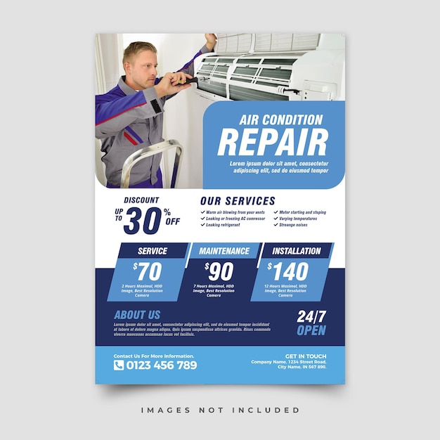 An advertisement for air condition repair with pictures and services.