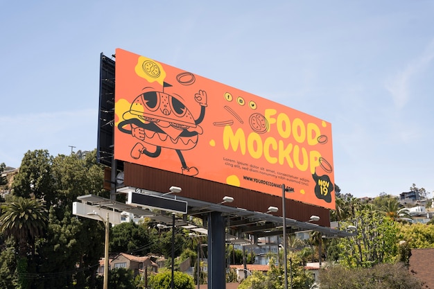 Advertising billboard mock-up for food with city landscape