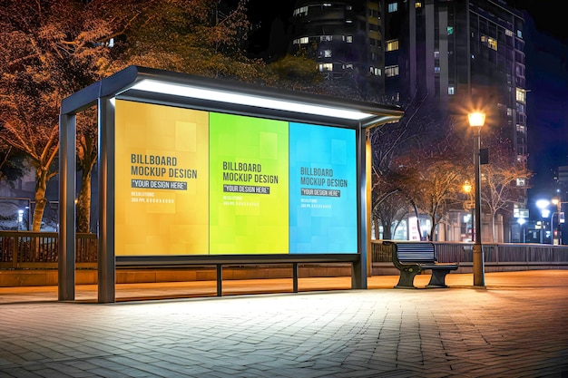 Advertising billboard mockup near the bus stop in the city night view