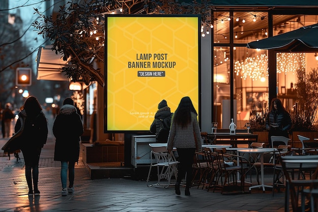 Advertising billboard mockup with two lamp near the sidewalk in the city