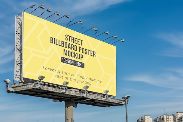 Advertising billboard mockup with two lamp near the sidewalk in the city