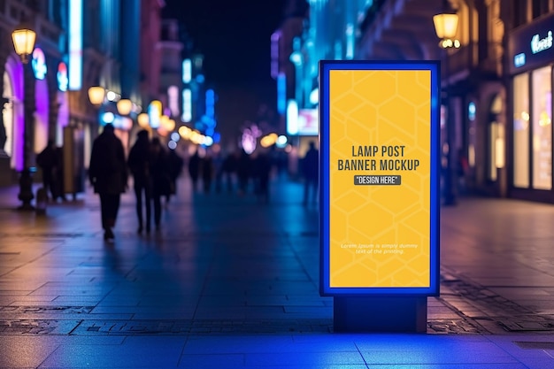 Advertising billboard mockup with two lamp near the sidewalk in the city