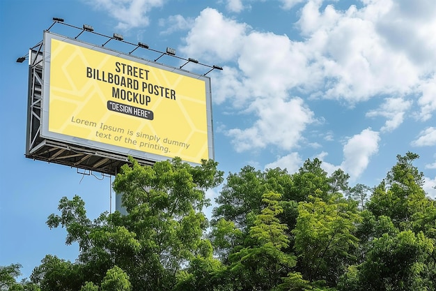 Advertising billboard mockup with two lamp near the sidewalk in the city