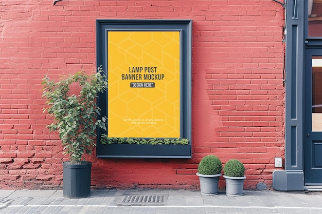 Advertising billboard mockup with two lamp near the sidewalk in the city