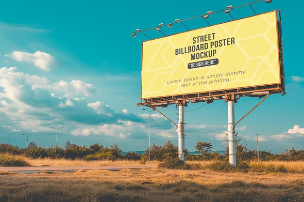 Advertising billboard mockup with two lamp near the sidewalk in the city