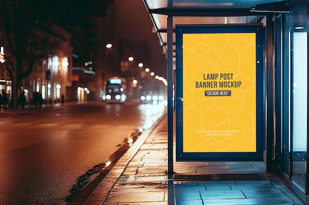 Advertising billboard mockup with two lamp near the sidewalk in the city