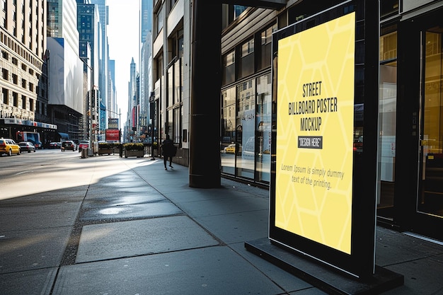 Advertising billboard mockup with two lamp near the sidewalk in the city