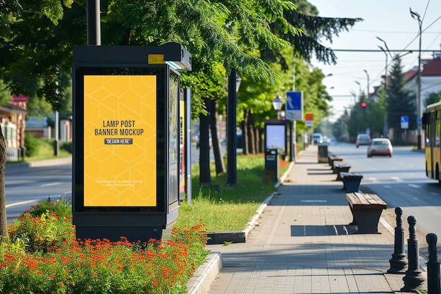 Advertising billboard mockup with two lamp near the sidewalk in the city