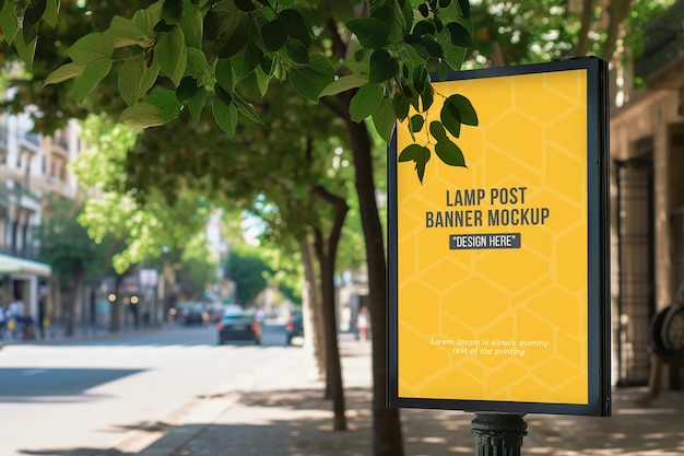 Advertising billboard mockup with two lamp near the sidewalk in the city