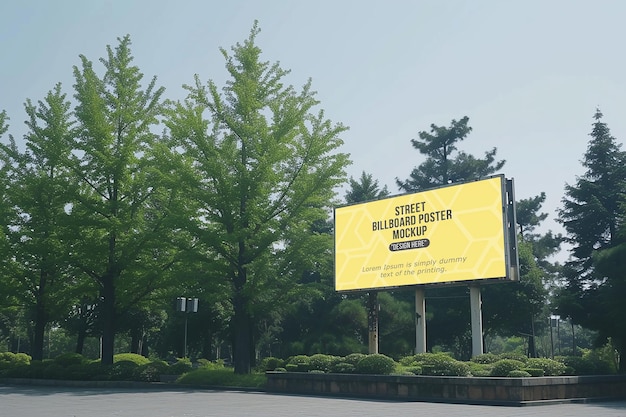 Advertising billboard mockup with two lamp near the sidewalk in the city