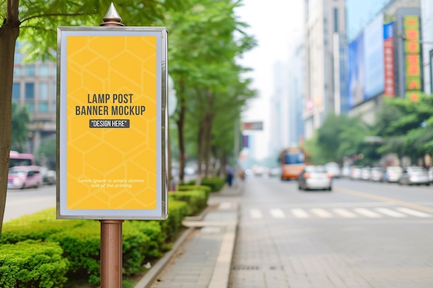 Advertising billboard mockup with two lamp near the sidewalk in the city