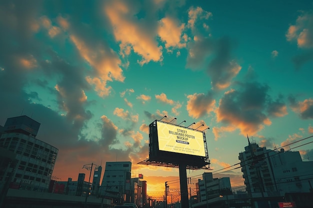 Advertising billboard mockup with two lamp near the sidewalk in the city