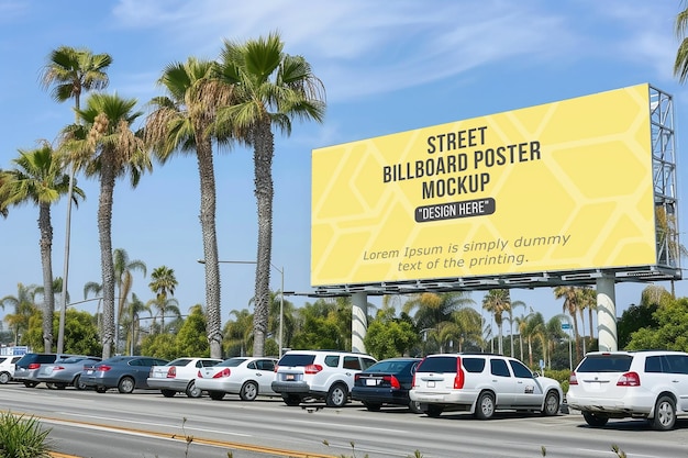 Advertising billboard mockup with two lamp near the sidewalk in the city