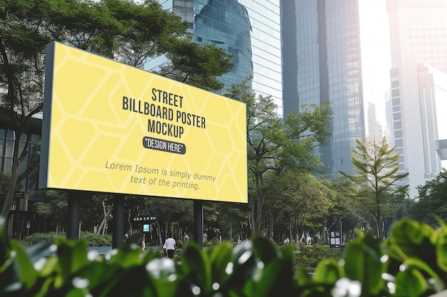 Advertising billboard mockup with two lamp near the sidewalk in the city