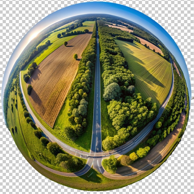 aerial shot of a long road surrounded by trees on transparent background