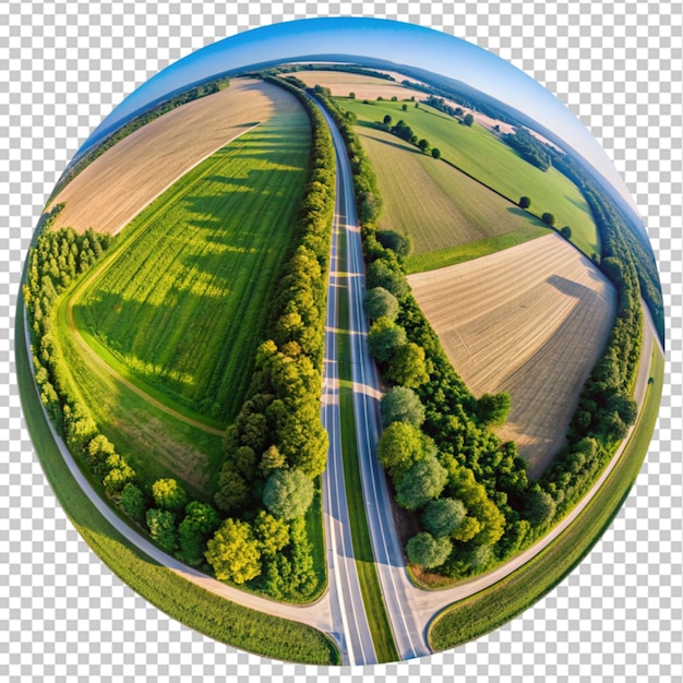 aerial shot of a long road surrounded by trees on transparent background