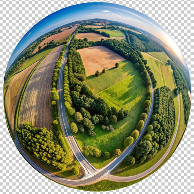 aerial shot of a long road surrounded by trees on transparent background