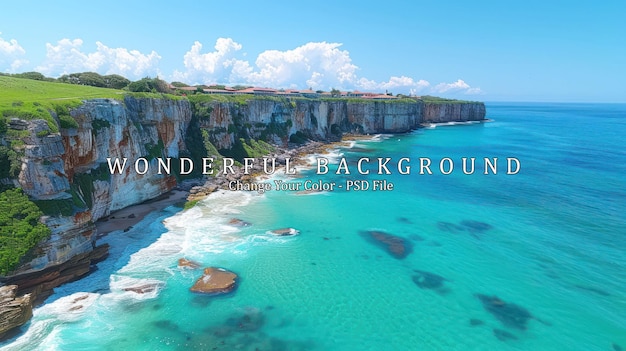 PSD aerial view of a coastal cliff and clear turquoise ocean